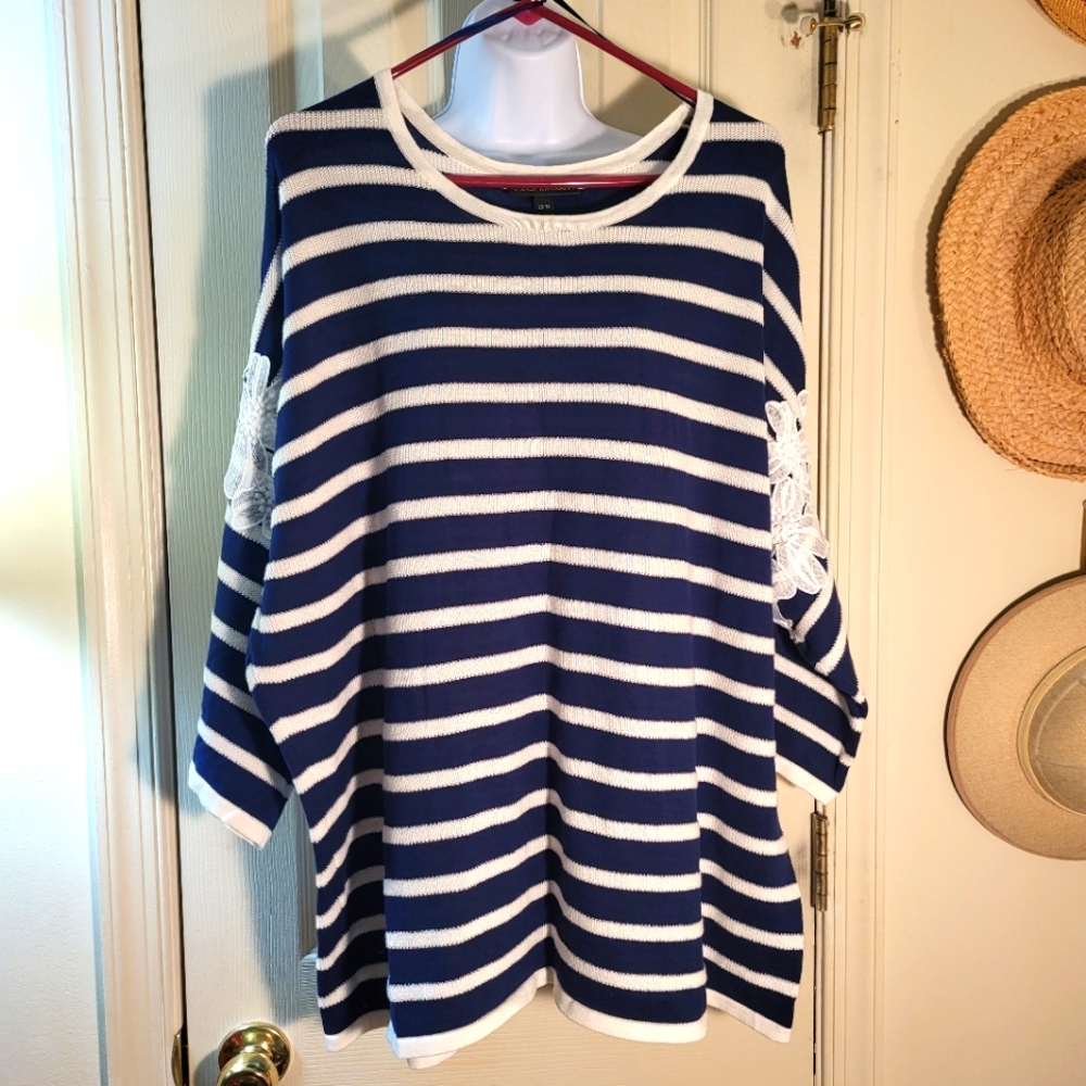 22/24 Lane Bryant Sweater Top Navy Blue Stripe Crochet Lace Cotton Nautical